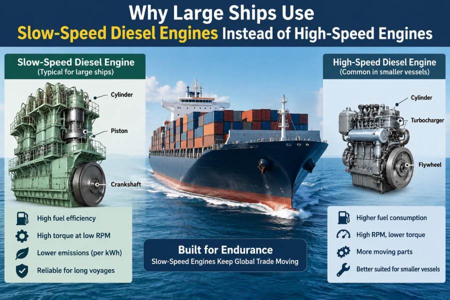 🚢 Why Large Ships Use Slow-Speed Diesel Engines Instead of High-Speed Engines