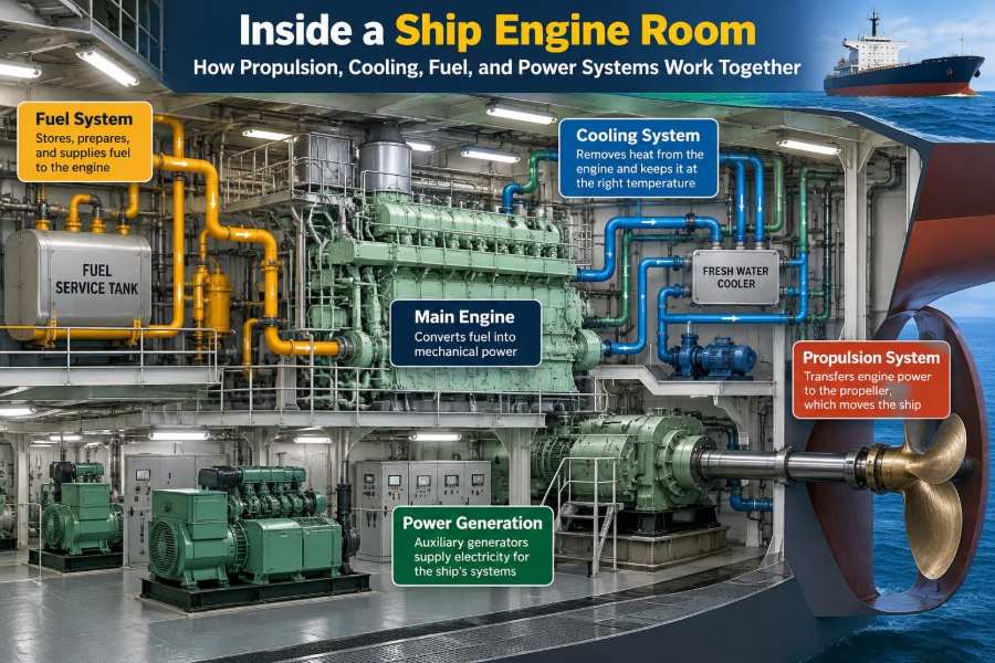 🚢 Inside a Ship Engine Room: How Propulsion, Cooling, Fuel, and Power Systems Work Together